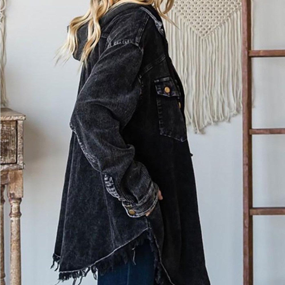 Washed Black Corduroy Hooded Button Down Jacket - Picture 2 of 5